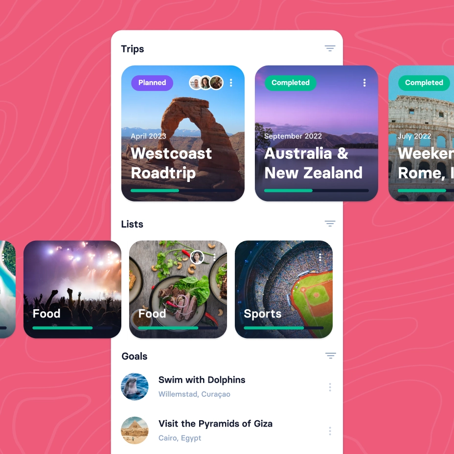 list with trips & hospitality with some cards previewing some content